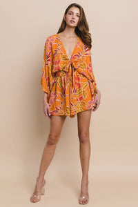 Orange Batwing Sleeved Boho Paisley Print Romper