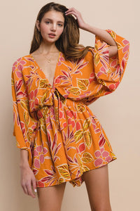 Orange Batwing Sleeved Boho Paisley Print Romper