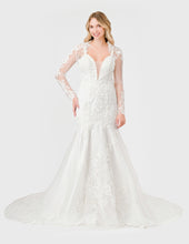 Off-White Lace Embroidered Long Sleeve V-Neck Wedding Dress