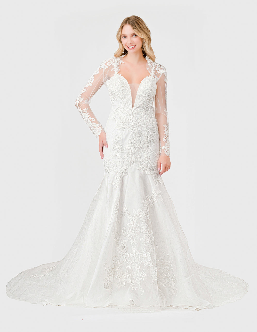 Off-White Lace Embroidered Long Sleeve V-Neck Wedding Dress