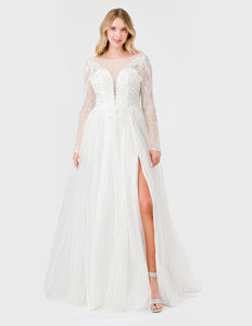 Off-White Lace Embroidered Long Sleeve Wedding Dress