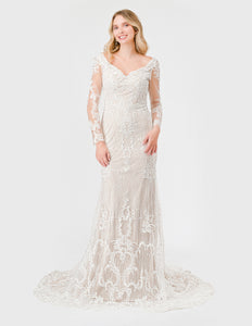 Off-White/Nude Lace Embroidered Long Sleeve Wedding Dress
