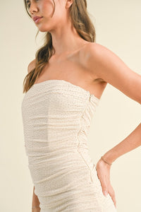 Coconut Embellished Mesh Asymmetrical Tube Midi Dress