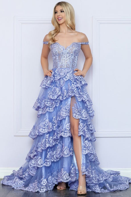 Periwinkle Bustier Illusion Top Eyelash Lace Tier A-Line Dress