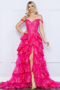 Fuchsia Bustier Illusion Top Eyelash Lace Tier A-Line Dress