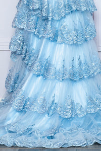 Light Blue Bustier Illusion Top Eyelash Lace Tier A-Line Dress