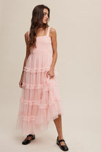 Peach Blush Frilly Ruffle Tiered Mesh Maxi Dress