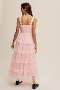Peach Blush Frilly Ruffle Tiered Mesh Maxi Dress