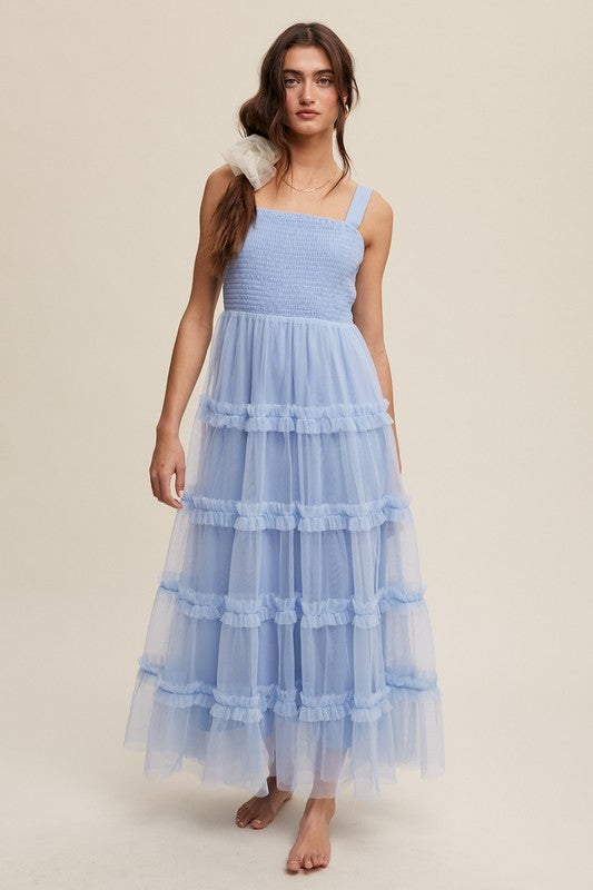 Slate Blue Frilly Ruffle Tiered Mesh Maxi Dress  Aquarius Brand