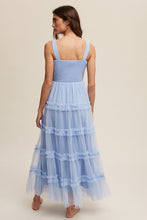 Slate Blue Frilly Ruffle Tiered Mesh Maxi Dress