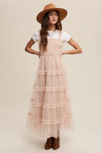 Beige Frilly Ruffle Tiered Mesh Maxi Dress