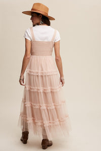 Beige Frilly Ruffle Tiered Mesh Maxi Dress