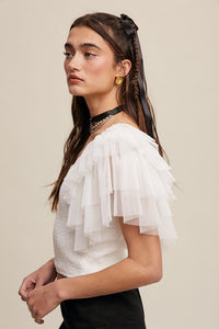 Cream Tiered Ruffle Sleeve Smocked Square Neck Top