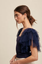 Navy Tiered Ruffle Sleeve Smocked Square Neck Top