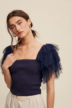 Navy Tiered Ruffle Sleeve Smocked Square Neck Top