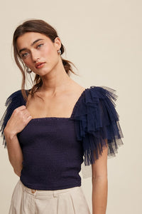 Navy Tiered Ruffle Sleeve Smocked Square Neck Top