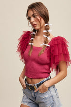 Deep Rose Tiered Ruffle Sleeve Smocked Square Neck Top