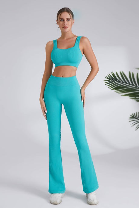Teal Blue Square Neck Sports Bra And Flare Legging 2pc Set