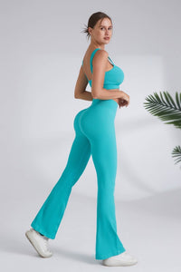 Teal Blue Square Neck Sports Bra And Flare Legging 2pc Set