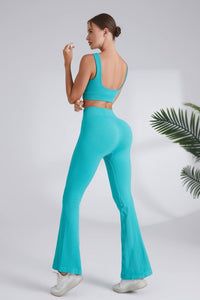 Teal Blue Square Neck Sports Bra And Flare Legging 2pc Set