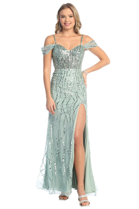 Sage Off Shoulder Skinny Straps Rain Sequin Sheath Dress