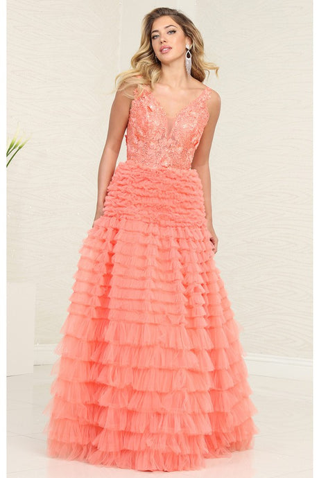 Coral Deep V Neck Embroidery Illusion Top A Line Ruffle