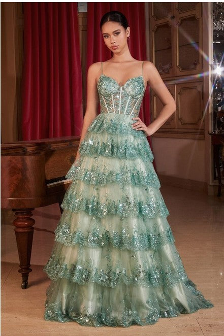 Sage Layered Sequin Ball Gown