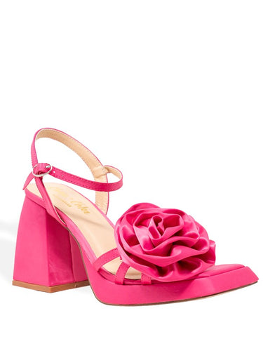 Fuchsia Satin Women's Rose Embellishment Chunky Platform Heel