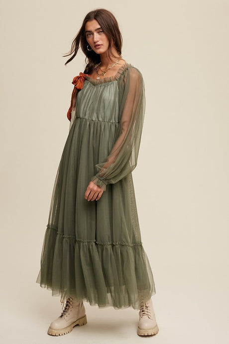 Sage Sweetheart Neck Mesh Long Sleeve Maxi Dress