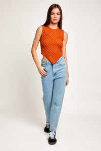 Burnt Orange Scarf Hem Sleeveless Sweater Top