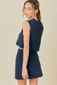 Navy Flag Print Cropped Top And Mini Skirt Sweater Set