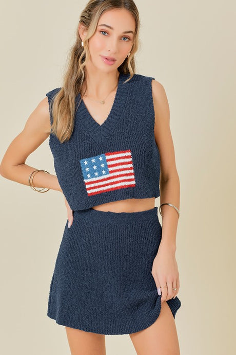 Navy Flag Print Cropped Top And Mini Skirt Sweater Set