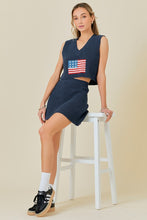 Navy Flag Print Cropped Top And Mini Skirt Sweater Set