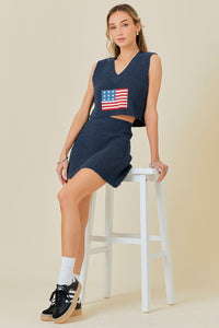 Navy Flag Print Cropped Top And Mini Skirt Sweater Set