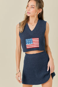 Navy Flag Print Cropped Top And Mini Skirt Sweater Set