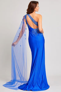 Royal Blue One Shoulder Key Hole Slit Top Metallic Sheath Dress