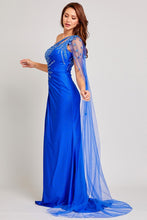 Royal Blue One Shoulder Key Hole Slit Top Metallic Sheath Dress