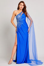 Royal Blue One Shoulder Key Hole Slit Top Metallic Sheath Dress