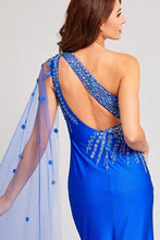 Royal Blue One Shoulder Key Hole Slit Top Metallic Sheath Dress