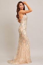 Champagne/Silver Deep V Neck Glitter Print Cross Back Sheath Dress