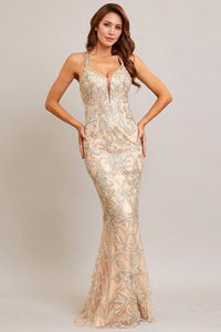 Champagne/Silver Deep V Neck Glitter Print Cross Back Sheath Dress