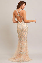 Champagne/Silver Deep V Neck Glitter Print Cross Back Sheath Dress