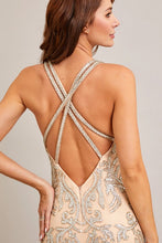 Champagne/Silver Deep V Neck Glitter Print Cross Back Sheath Dress