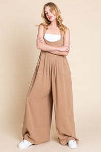 Latte Wide Leg Washed Linen Overalls Jumpsuit