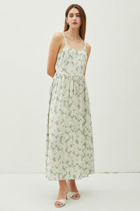 Sage Floral Print Smocked Back Strap Maxi Dress