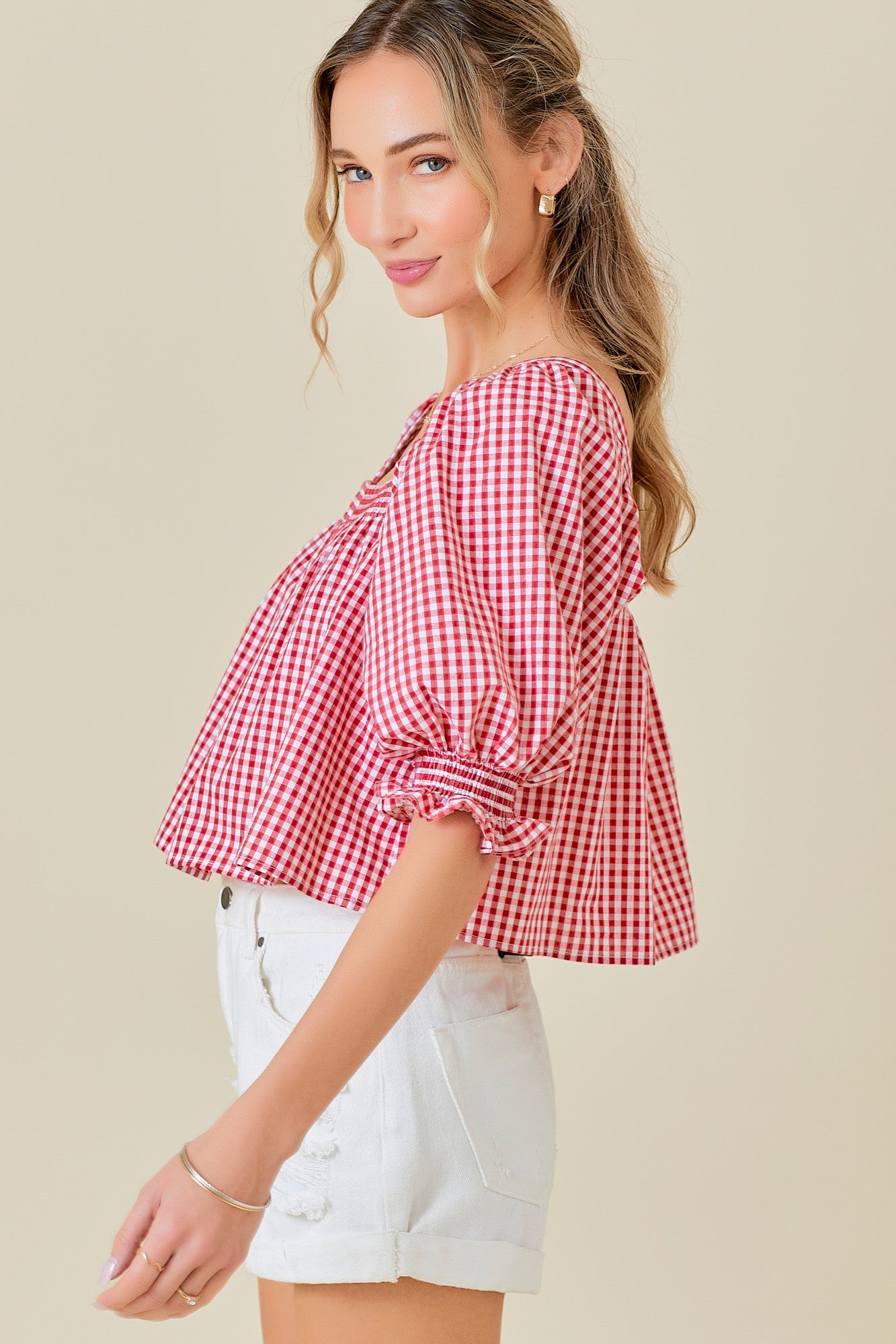 Red/White Square Neck Puff Sleeves Gingham Top – Aquarius Brand