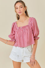 Red/White Square Neck Puff Sleeves Gingham Top
