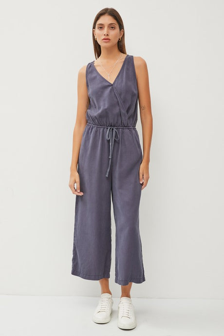 Dk.Slate Blue Tencel Wrap Drawstring Jumpsuit