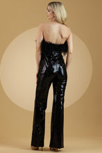 Black Strapless/Sleeveless Feather Top Sequin Jumpsuit