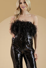 Black Strapless/Sleeveless Feather Top Sequin Jumpsuit